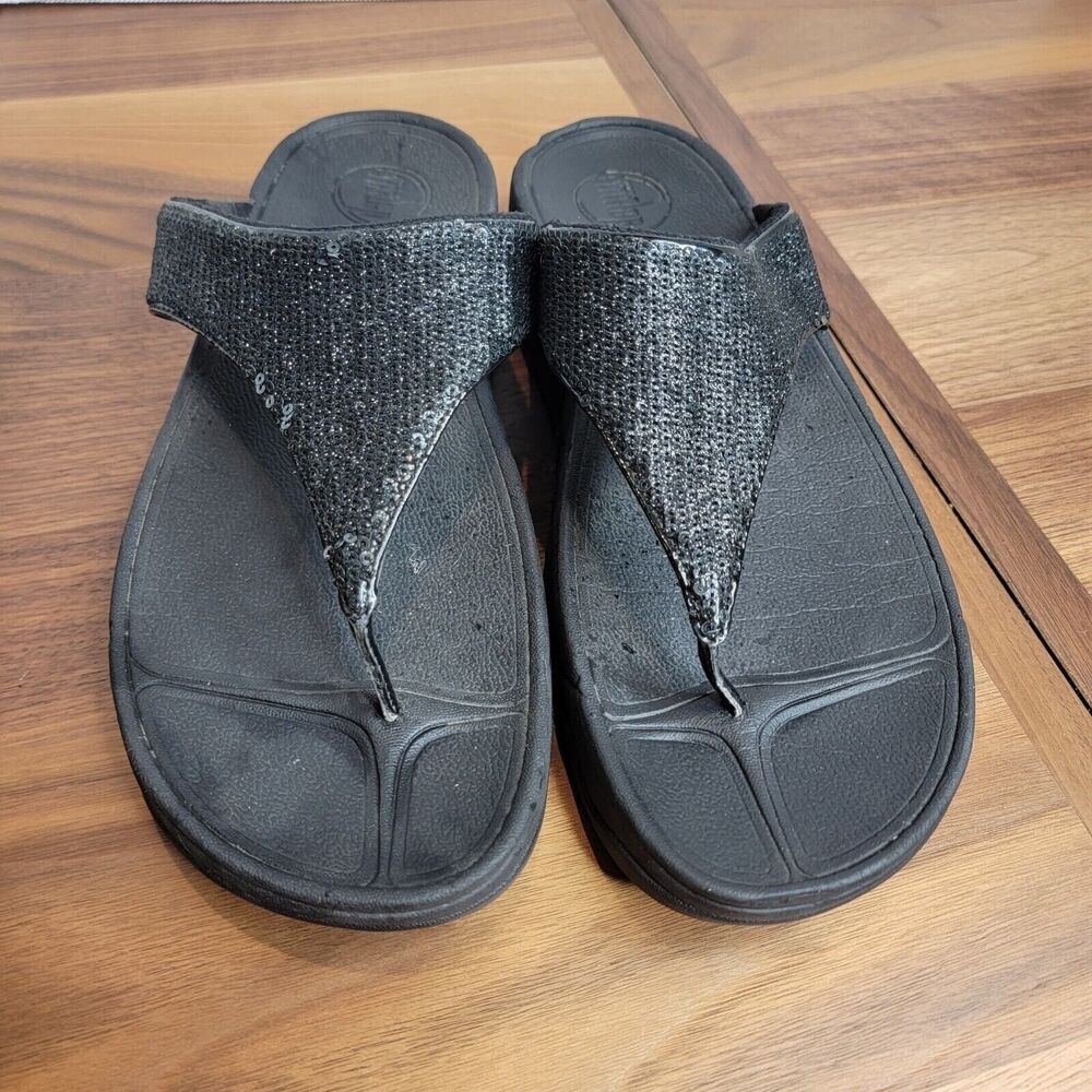 Fitflop Women's Size US 10 Sandal Electra Sequined Comfort Slip On Black Thong